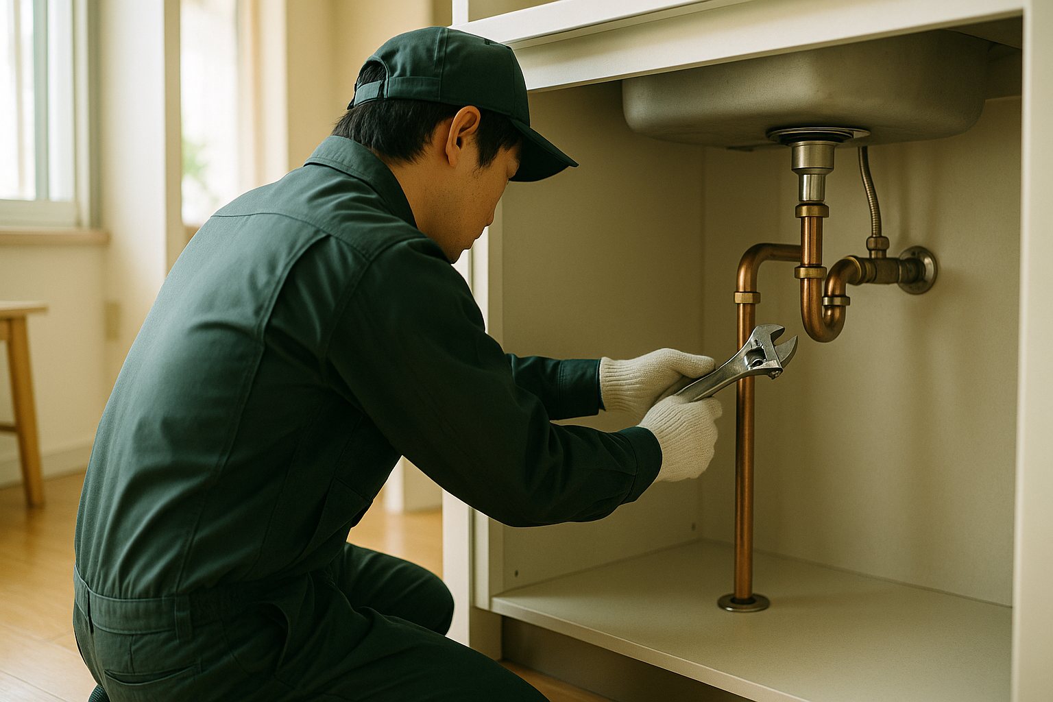 住宅の給水管を修理する設備工事の様子